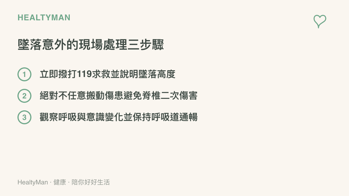 清單圖卡列舉面對高處墜落意外時，旁人應該遵守的三個重要急救與保護步驟