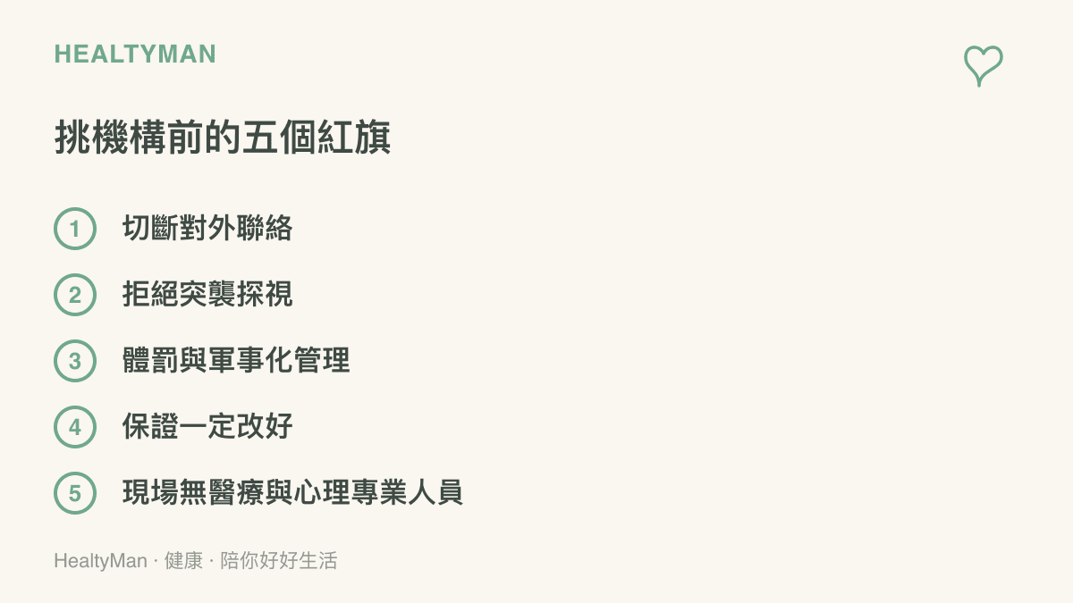 清單圖卡列出挑選照護或矯正機構前應警惕的五個危險訊號，包括切斷對外聯絡、拒絕家長突襲探視、體罰與軍事化管理、誇口保證一定改好，以及現場缺乏醫師與心理師等專業人員