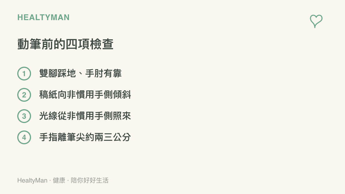 圖中列出演算觀後感動筆前的四項檢查，包含雙腳踩地與手肘有靠、稿紙向非慣用手那側傾斜、燈光從非慣用手那側照來、手指離筆尖約兩三公分