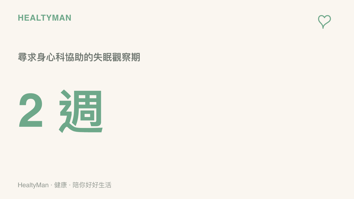 統計數據圖卡呈現當失眠與情緒暴躁症狀持續超過兩個禮拜時，建議尋求專業身心科醫師協助。