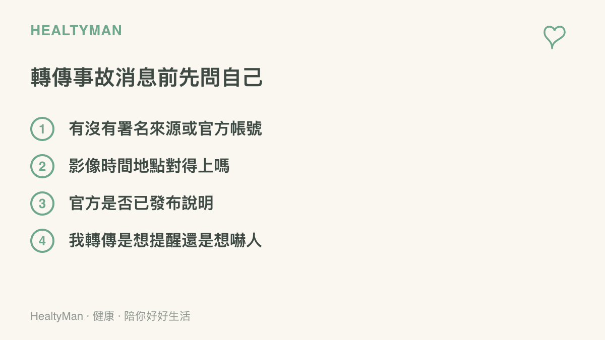 圖卡列出轉傳車禍事故消息前可以自查的四個問題，包含來源是否署名、影像時間地點是否相符、官方是否已說明，以及轉傳的動機為何