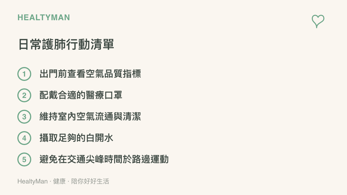 列舉五項保護呼吸道健康的日常具體行動，包含查看指標、戴口罩與補充水分