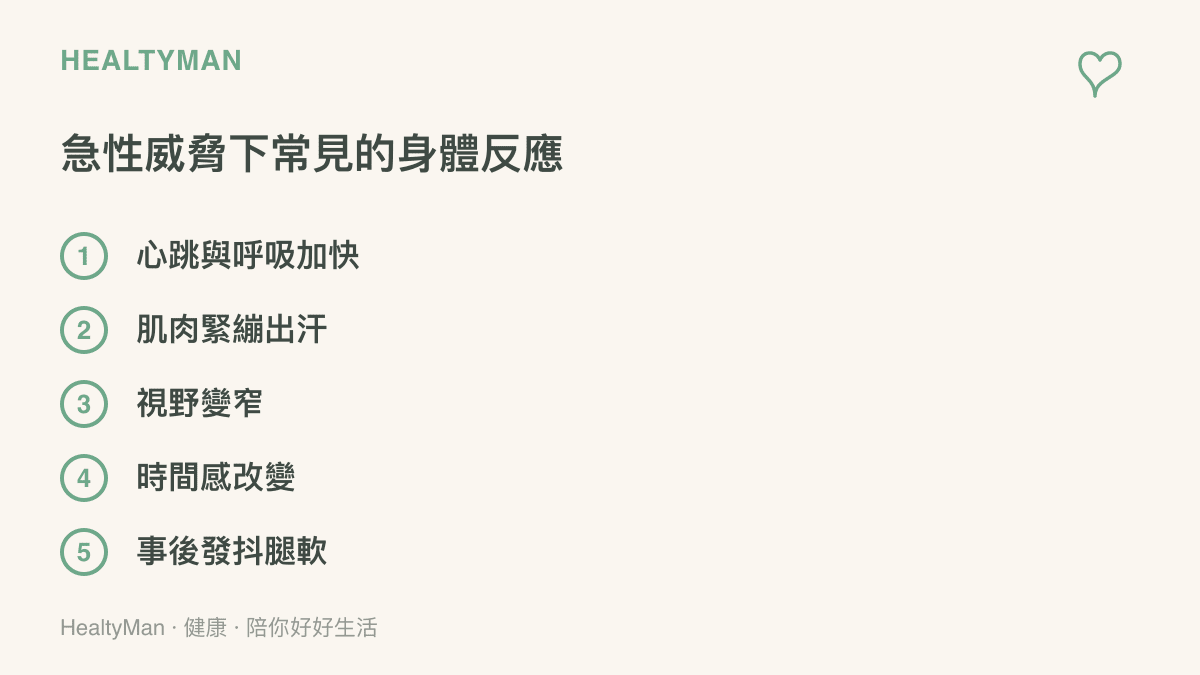 清單圖列出身體面對急性威脅時的常見反應：心跳與呼吸加快、肌肉緊繃出汗、視野變窄、時間感改變，以及事件過後的發抖與腿軟