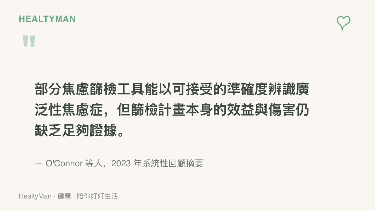 2023 年系統性回顧的結論引文，說明部分焦慮篩檢工具雖能辨識廣泛性焦慮症，篩檢計畫本身的效益與傷害仍缺乏足夠證據
