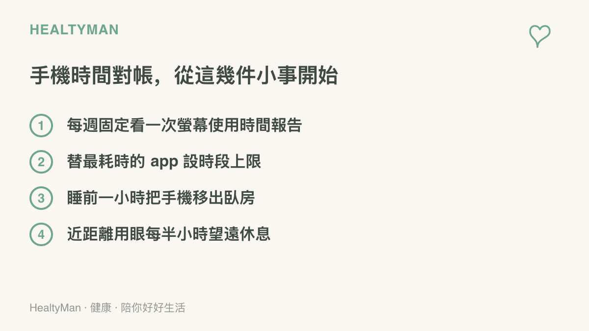 手機使用時間對帳清單，包含每週查看螢幕使用報告、替耗時 app 設上限、睡前把手機移出臥房、近距離用眼後抬頭望遠休息