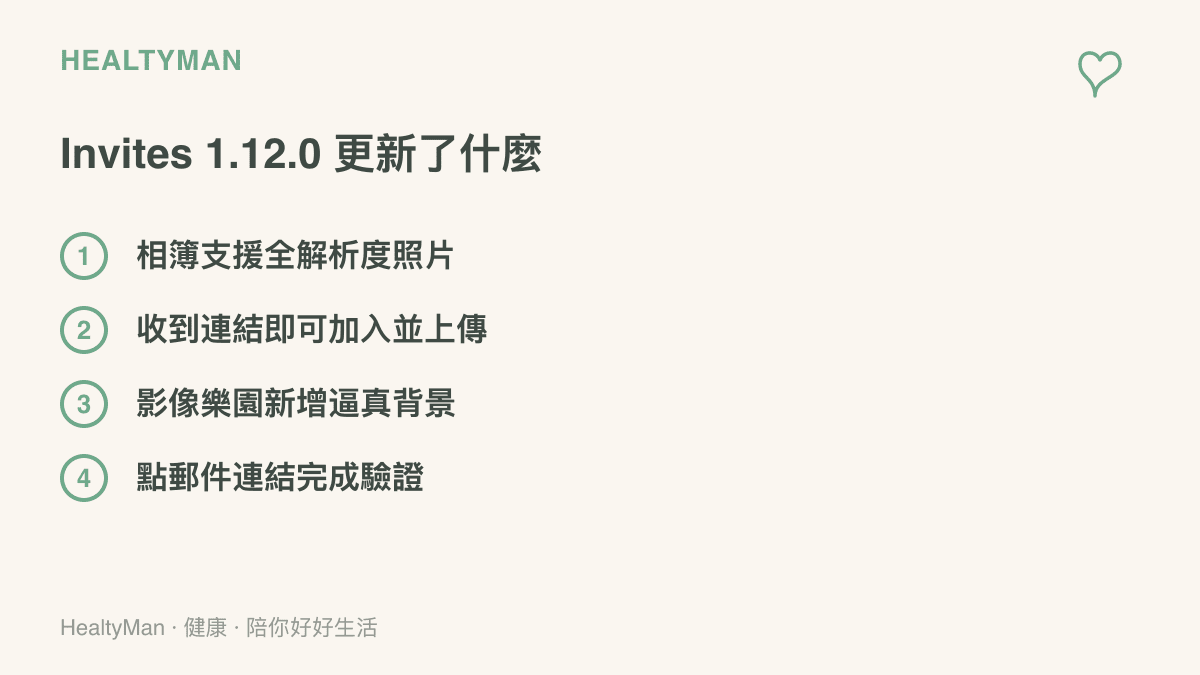 蘋果邀請 App 1.12.0 版的四項更新重點：相簿支援全解析度照片、收到連結即可加入並上傳、影像樂園新增逼真背景生成、郵件點連結即可完成驗證