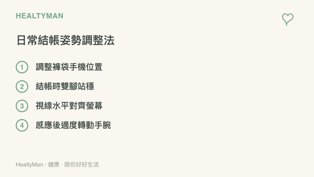 清單圖卡列舉四項避免行動支付傷害的日常動作，包括調整站立姿勢與放鬆手腕的建議。