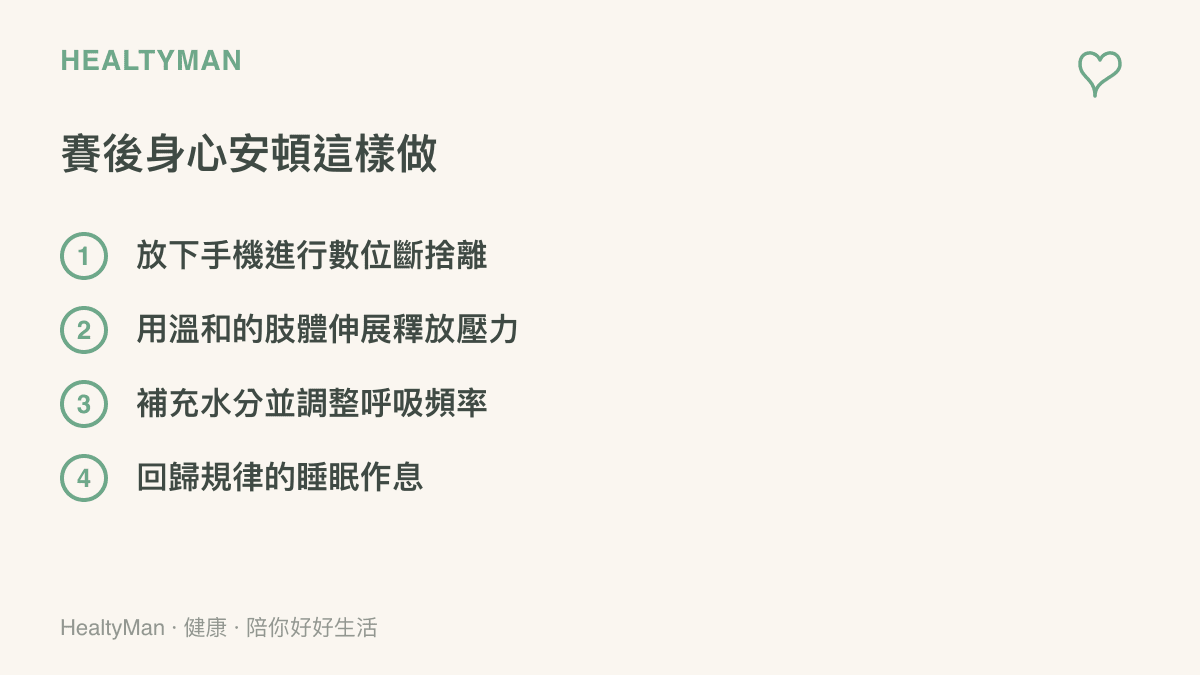 列舉賽後身心安頓方法的清單圖卡，包含放下手機、肢體伸展、補充水分與回歸睡眠四個項目