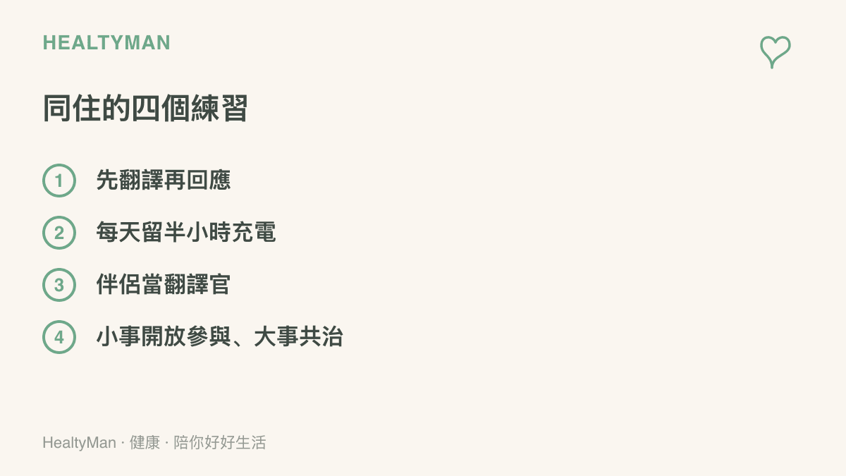 清單圖卡整理與婆婆或長輩同住可以開始的四個練習：先翻譯再回應、每天留半小時充電時段、讓伴侶當翻譯官、小事開放參與大事夫妻共治