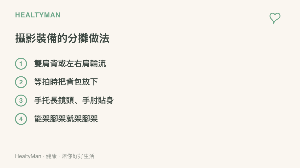 清單列點呈現分散攝影裝備重量的做法，包含雙肩背或輪流換肩、等拍時放下背包、手託長鏡頭讓手肘貼近身體，以及善用腳架分攤重量