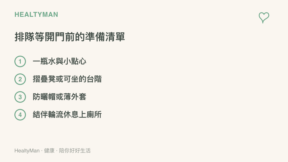清單列出去排隊等門市開門前可準備的四項物品，包含飲水與點心、可坐的攜帶椅、防曬保暖衣物與結伴輪流休息的安排