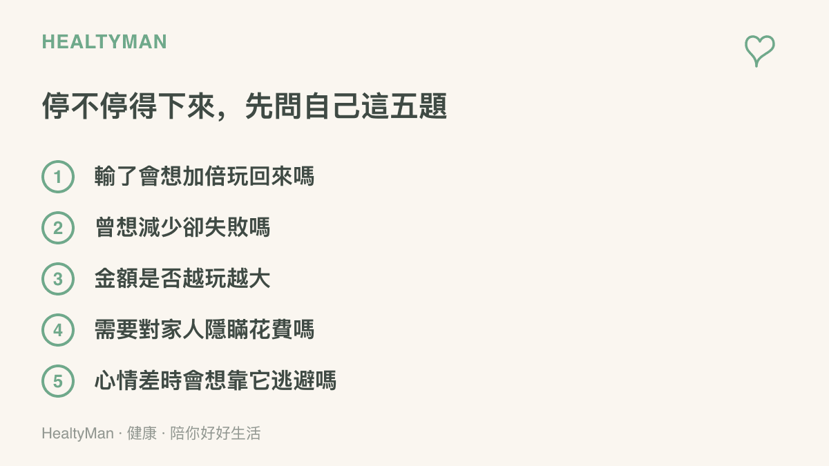 這張圖列出五題博弈行為自我檢查問題，包括輸了想追回來、想減少卻失敗、金額越玩越大、隱瞞家人花費，以及用賭博逃避壓力等評估項目