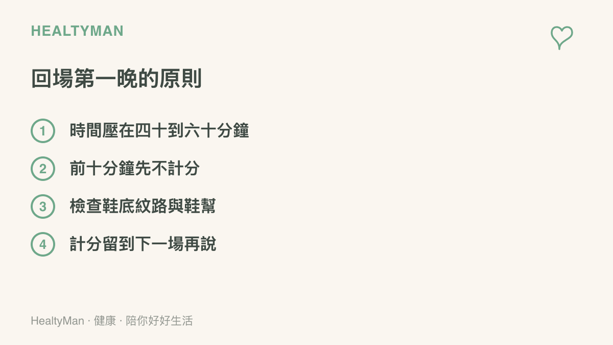 清單圖卡列出桌球回場第一晚的四個原則：壓短時間、前十分鐘不計分、檢查球鞋抓地與包覆、計分留到下一場