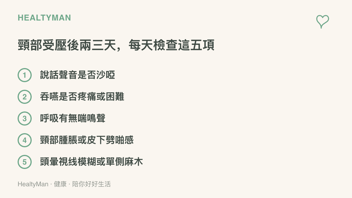 清單圖卡列出頸部受壓後每天要檢查的五個項目：聲音沙啞、吞嚥疼痛、呼吸喘鳴、頸部腫脹與皮下劈啪感，以及頭暈或單側麻木