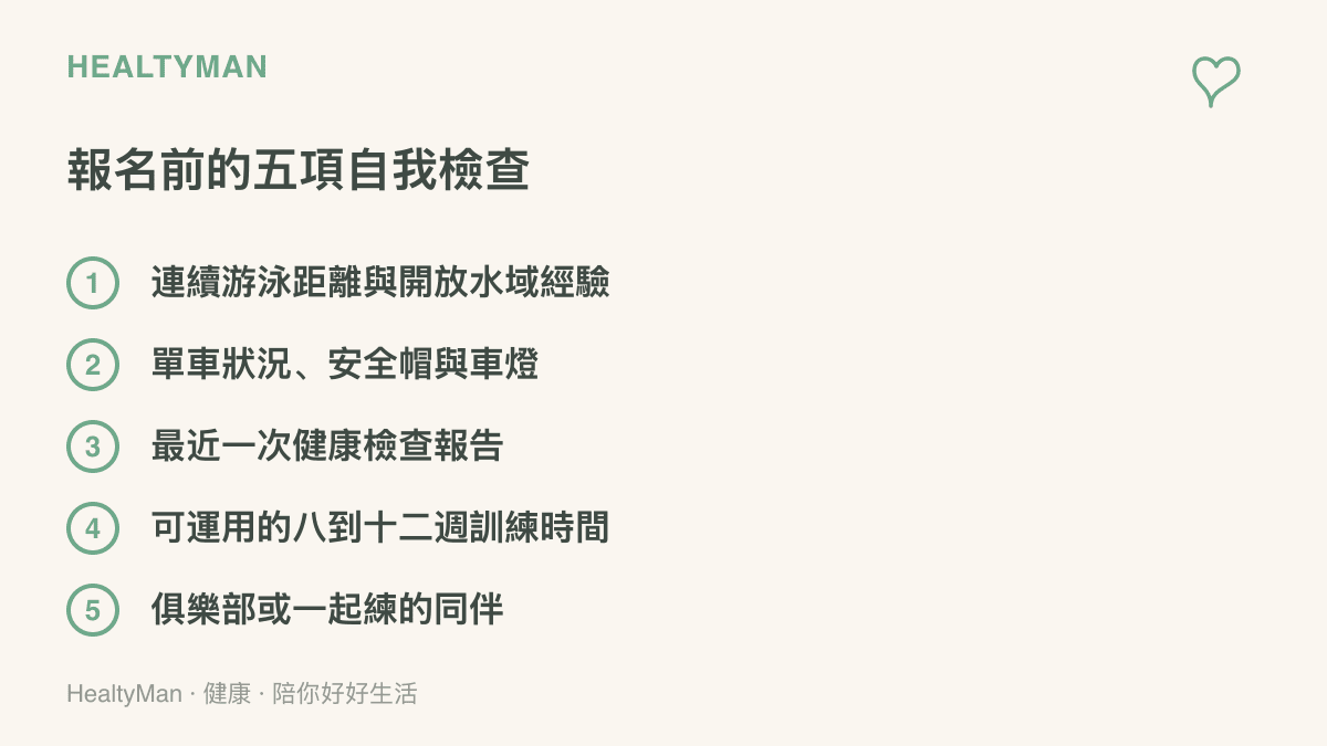 清單列出報名鐵人賽前的五項自我檢查：遊泳與開放水域經驗、單車裝備、健康檢查報告、訓練時間與練習同伴