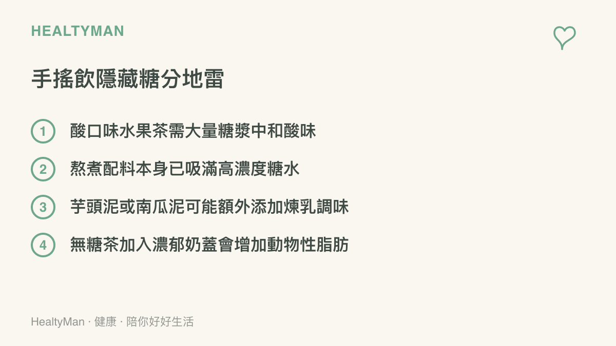 清單列舉四種常見的手搖飲隱藏糖分來源，包括酸甜水果茶、吸飽糖水的配料、調味果泥以及奶蓋。