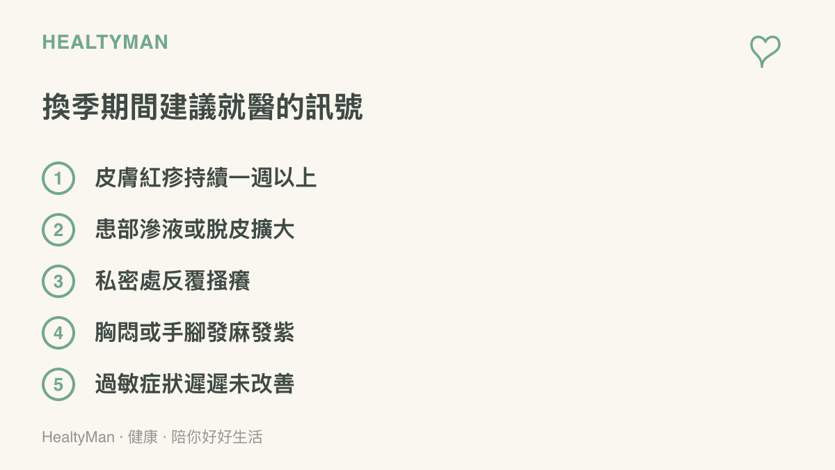 清單整理換季期間建議就醫的五種訊號，包括皮膚紅疹持續、患部滲液、私密處反覆搔癢、胸悶手麻與過敏症狀未見改善