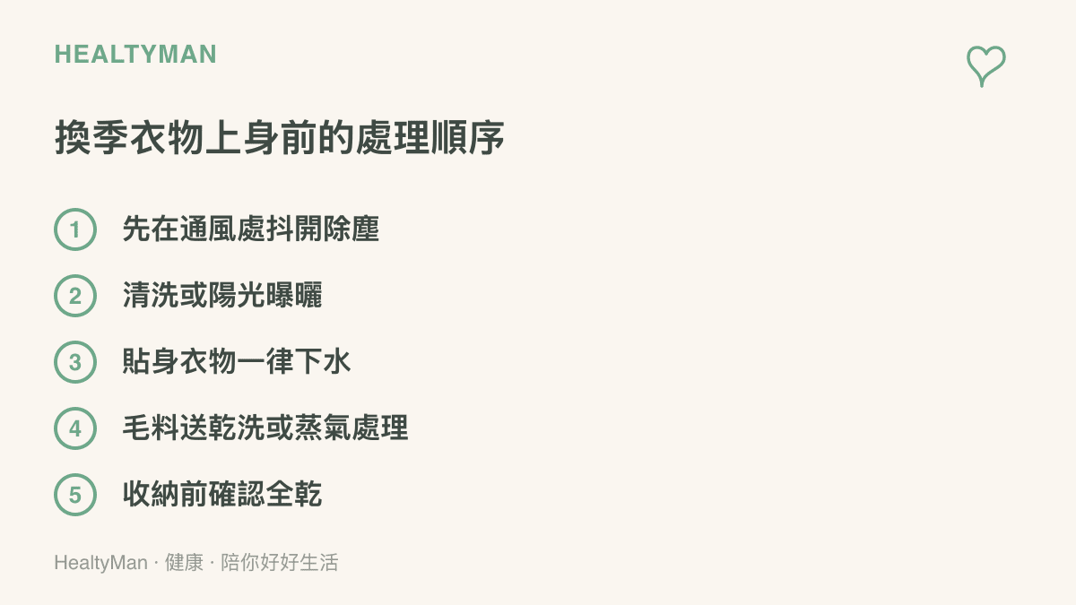 清單列出換季衣物穿上身前的處理步驟，從通風抖塵、清洗曝曬、貼身衣物務必下水，到毛料乾洗與收納前確認乾燥