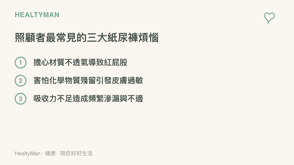 清單圖卡列舉出照顧者在挑選嬰兒紙尿褲時最常見的三項煩惱：透氣度、化學殘留與吸收力