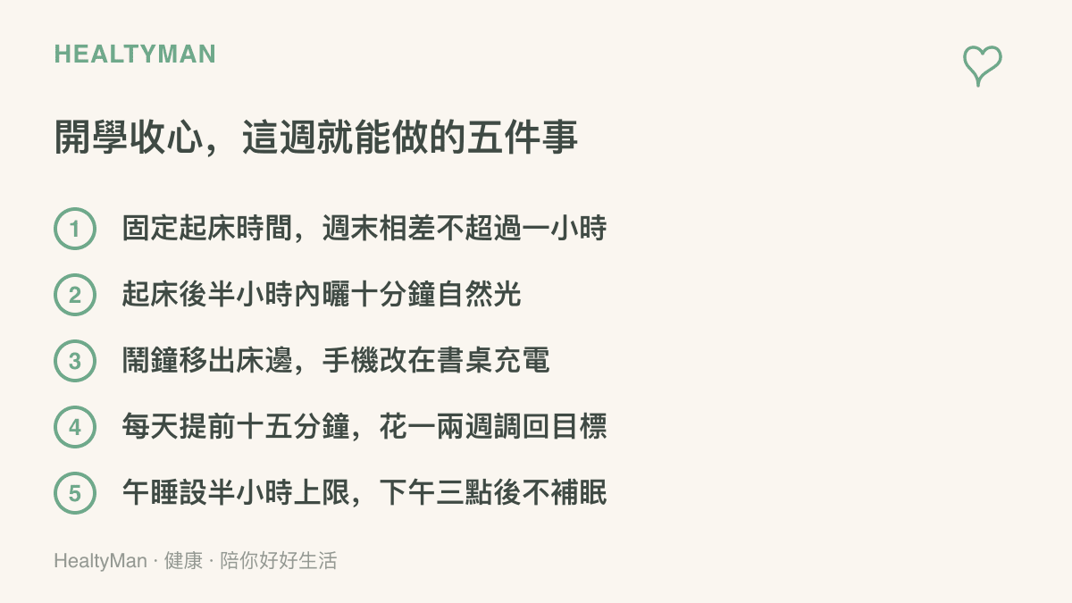 開學收心可排進本週日程的五件事，包含固定起牀時間、起牀後接觸自然光、鬧鐘移出牀邊手機離牀充電、每天提前十五分鐘循序調整，以及午睡設半小時上限