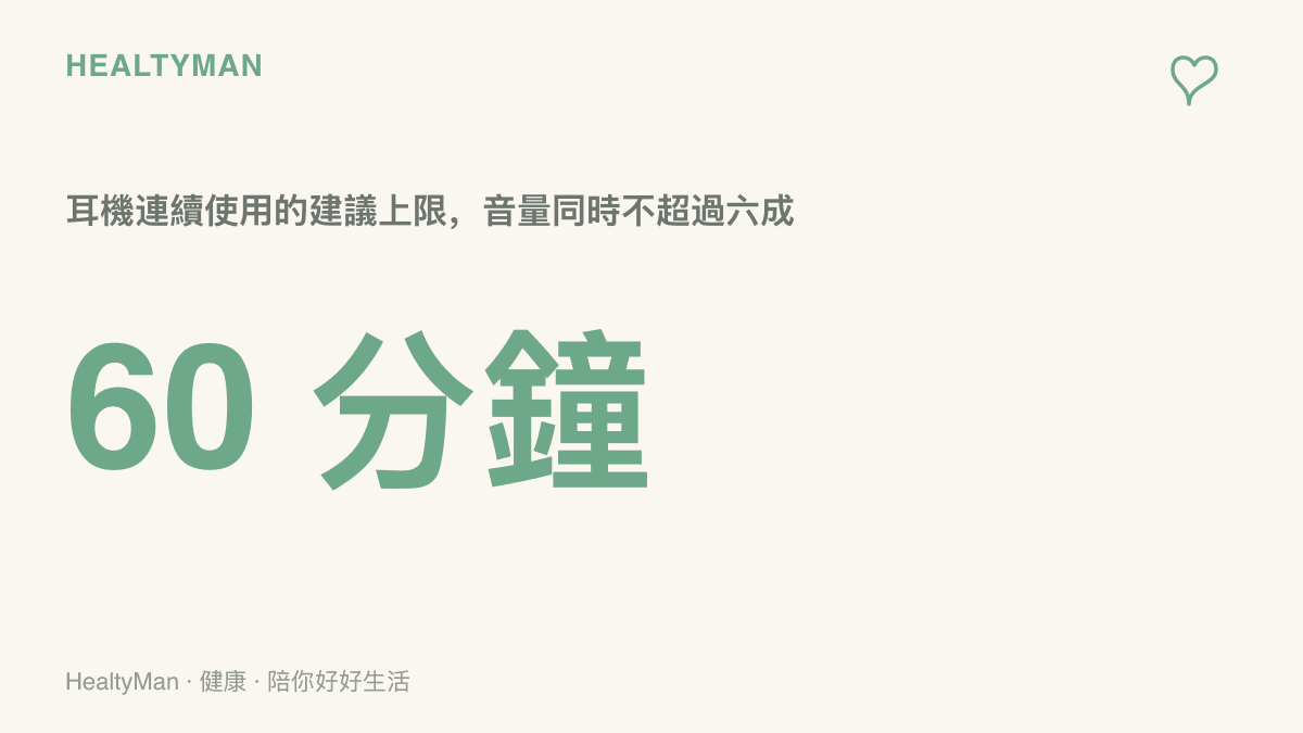 統計圖卡呈現耳機連續使用的六十分鐘建議上限，並提醒音量控制在裝置的六成以內，適用於長時間收看晚會轉播的情境