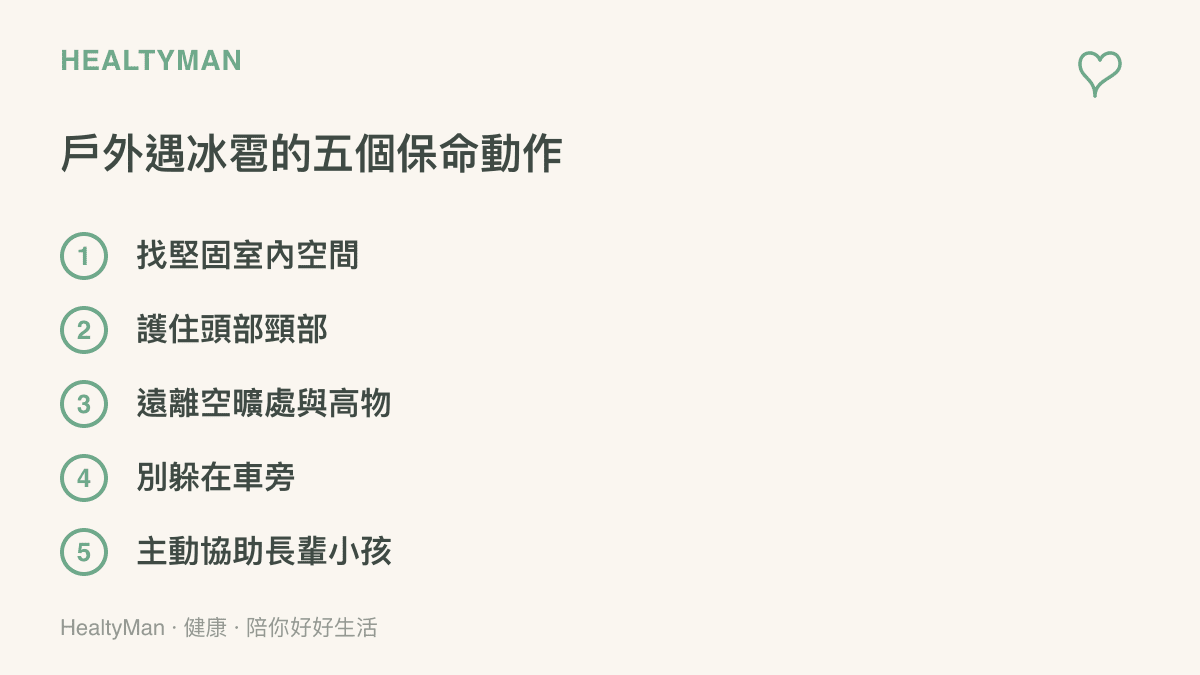 戶外遇到冰雹時的五個安全應對動作清單，包含尋找遮蔽、護頭、遠離危險物等要點