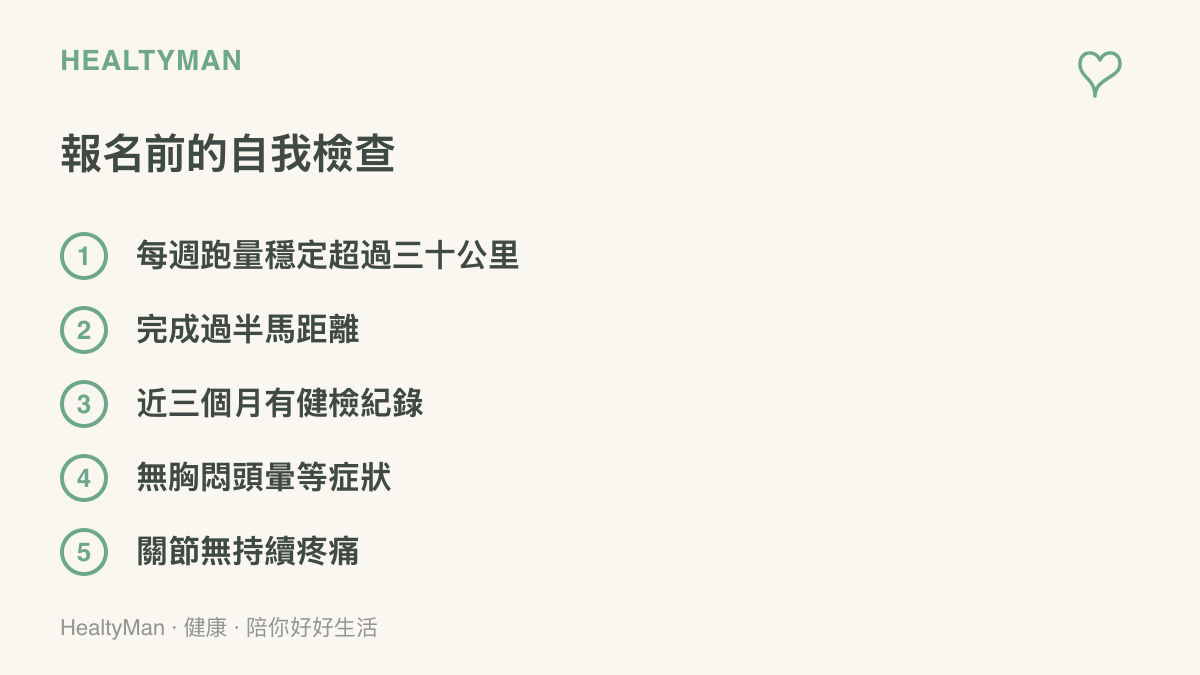 清單圖卡列出報名馬拉松前應完成的五項自我檢查項目，包含每週跑量、半馬經驗、近三個月健檢、無不適症狀與關節狀態評估