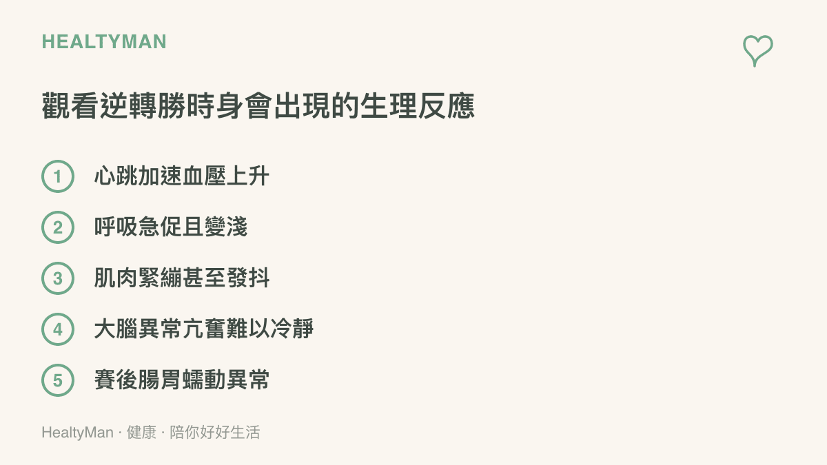 列舉球迷在觀看緊張體育賽事並經歷逆轉勝時，身體常見的五種生理反應，如心跳加速與肌肉緊繃。