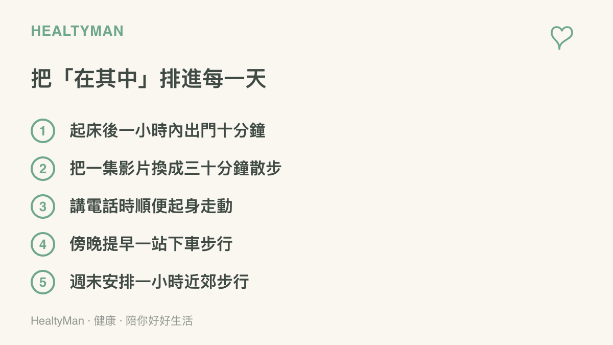 清單圖卡列舉五個把戶外時間排進日常的做法，包含晨間出門十分鐘、以散步取代一集影片、邊講電話邊走、提早下車走路，以及週末一小時的近郊步行