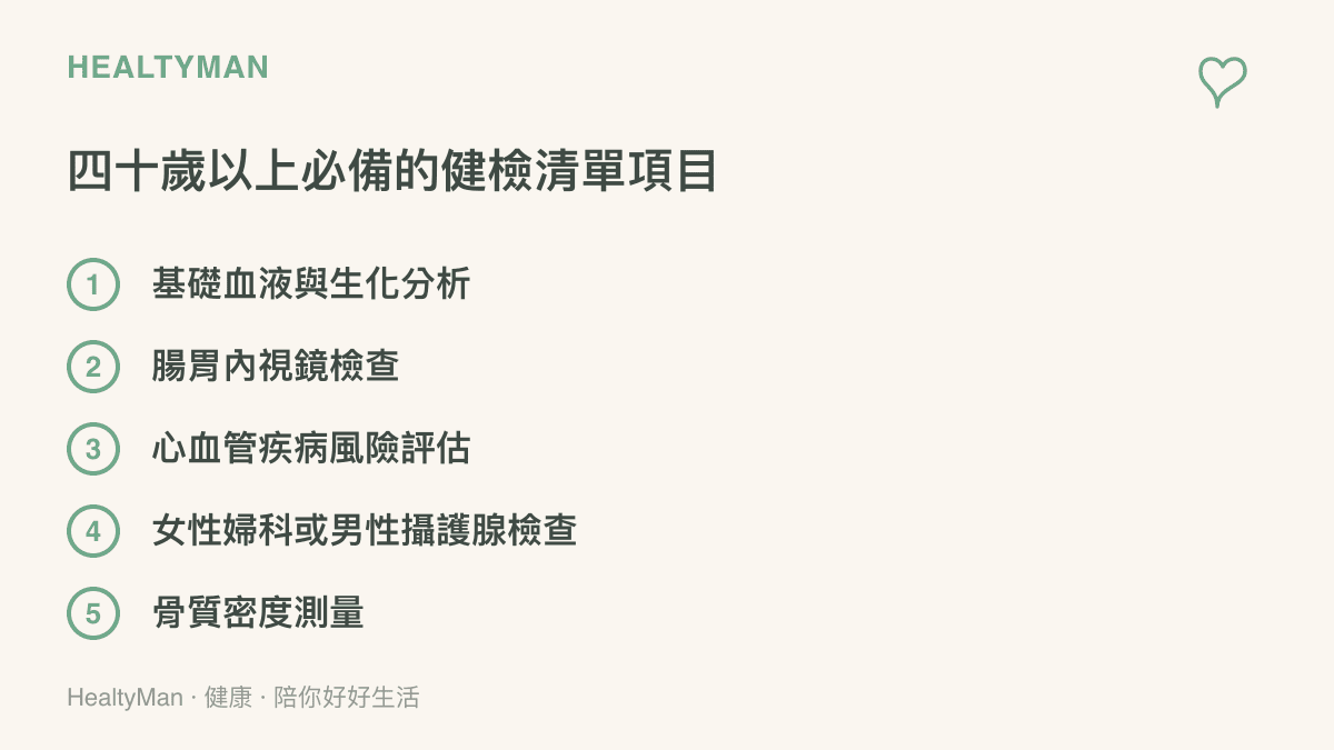 條列四十歲以上民眾在健康檢查時應納入的五個核心項目，包含血液、內視鏡與心血管檢查