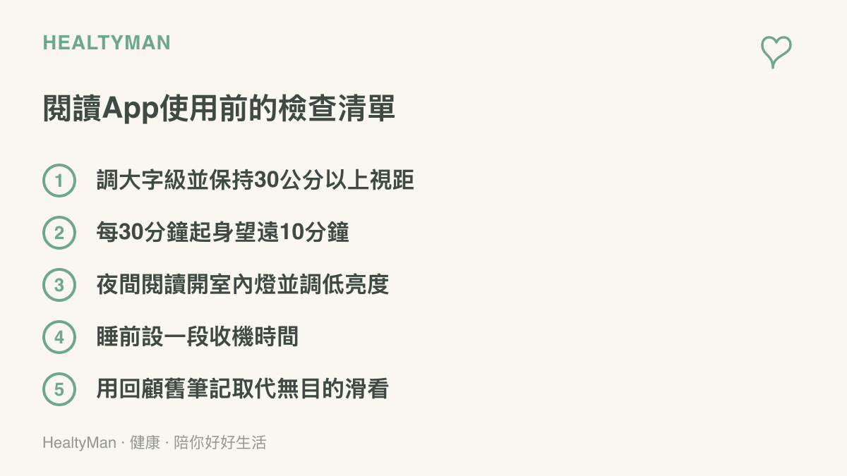 圖面列舉五項閱讀App使用調整：調大字級保持距離、每30分鐘休息10分鐘、夜間開燈調低亮度、睡前設定收機時間，以及用回顧舊筆記取代無目的滑看