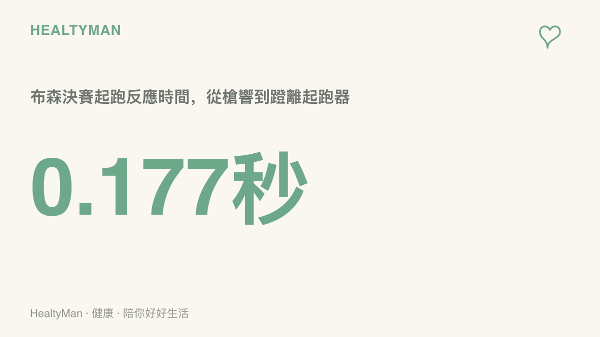 圖卡呈現布森在100公尺決賽的起跑反應時間為0.177秒，代表從槍響到蹬離起跑器所需的瞬間反應，並與疲勞狀態相關