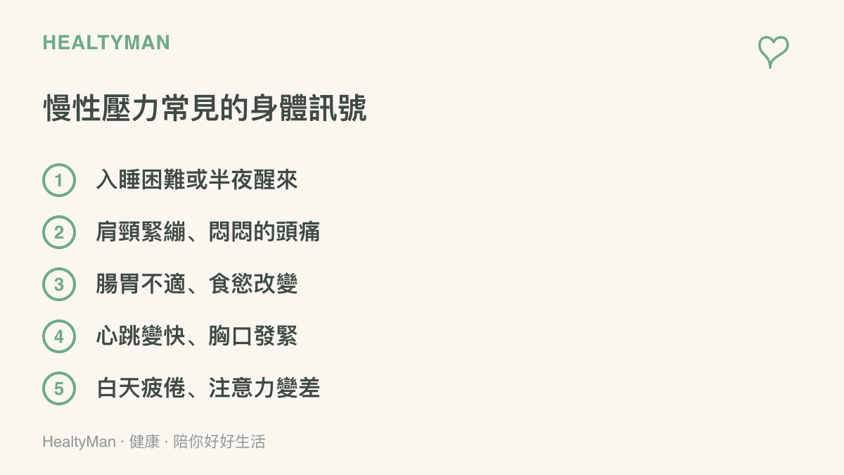 五個慢性壓力常見的身體訊號列表，包含入睡困難或半夜醒來、肩頸緊繃與悶痛、腸胃不適與食慾改變、心跳變快胸口發緊，以及白天疲倦與注意力變差