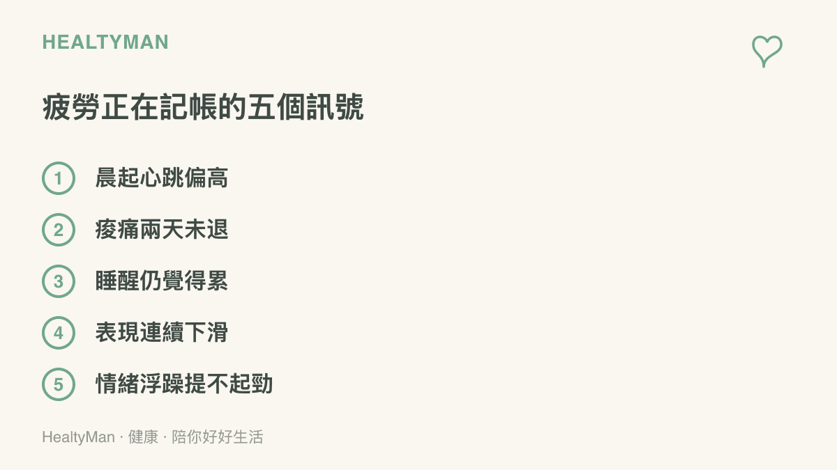 清單圖卡列出五個疲勞累積的身體訊號，包括晨起靜止心跳偏高、肌肉痠痛超過兩天未退、睡醒仍感疲累、運動表現連續下滑，以及情緒浮躁提不起勁
