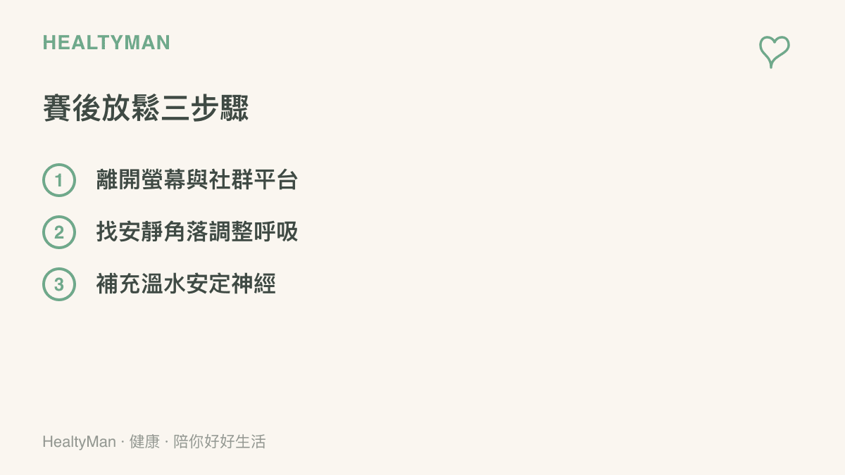 清單圖卡列出走開螢幕、調整呼吸與補充水分這三個幫助賽後放鬆的實用步驟