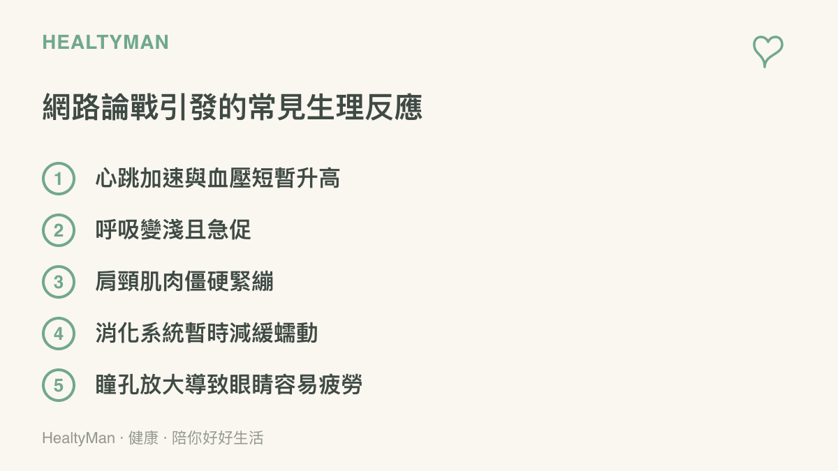 列舉參與網路筆戰時身體常出現的五種生理反應，包含心跳加速與肩頸僵硬等項目