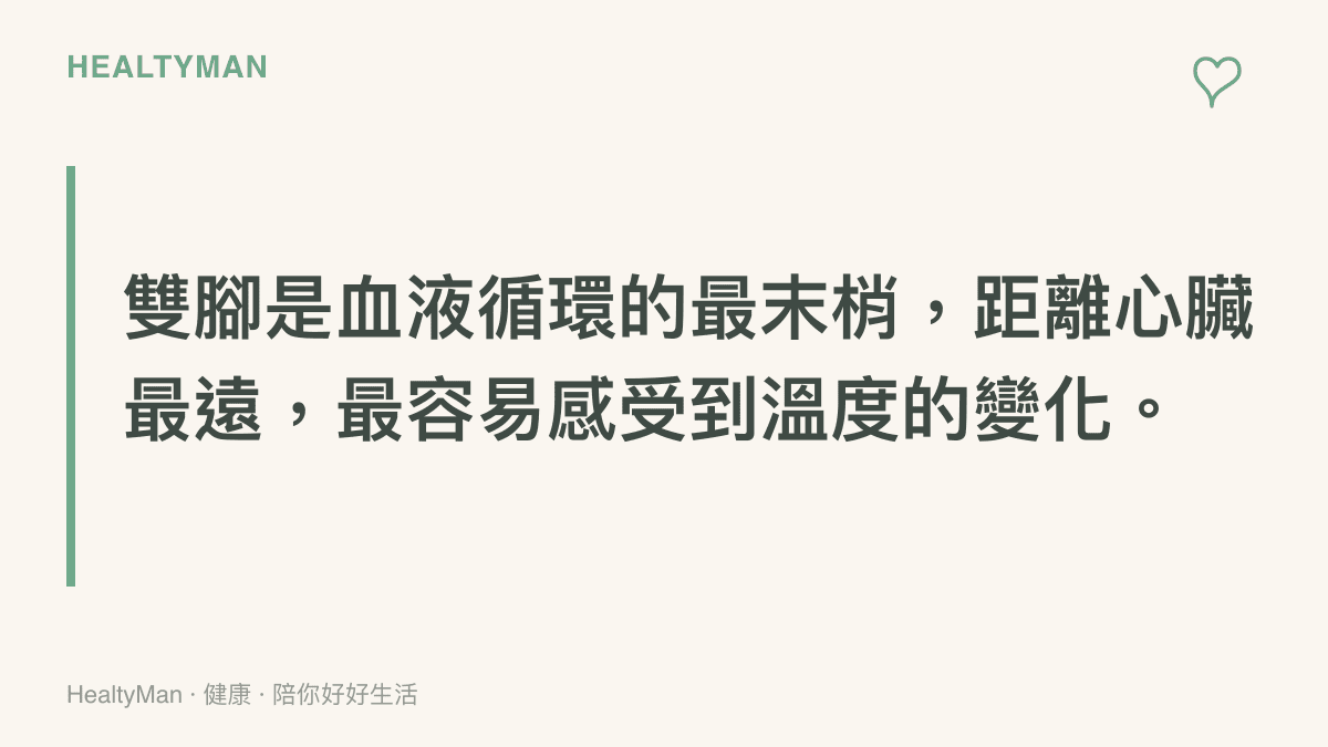 說明雙腳因為距離心臟較遠，血液循環到達時溫度容易下降，是身體最容易感到寒冷的部位。