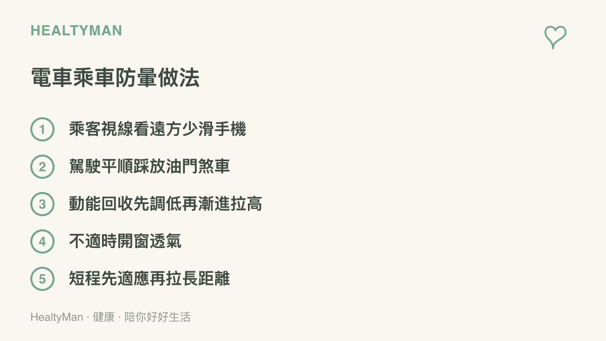 清單圖列出電動車防暈車的五個做法，包含乘客看遠方少滑手機、駕駛平順操作踏板、調低動能回收強度、開窗透氣與循序拉長乘車時間