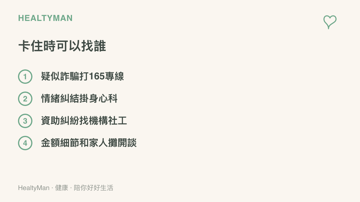 清單圖整理資助路上遇到狀況時的四個求助對象，包括反詐騙專線、身心科門診與機構社工窗口