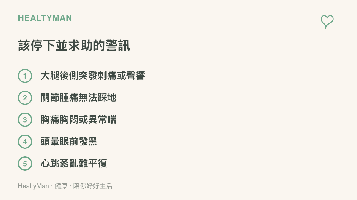 清單圖列出五個運動時應停止並就醫的警訊，包括大腿後側突發刺痛、關節腫痛無法踩地、胸痛胸悶異常喘、頭暈眼前發黑與心跳紊亂