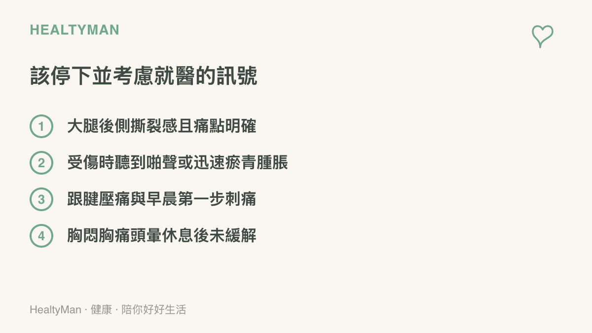 清單圖卡列出運動時應停止並考慮就醫的四個訊號：大腿後側撕裂感且痛點明確、受傷時聽到啪聲或迅速瘀青腫脹、跟腱壓痛與早晨第一步刺痛、胸悶胸痛頭暈休息後未緩解