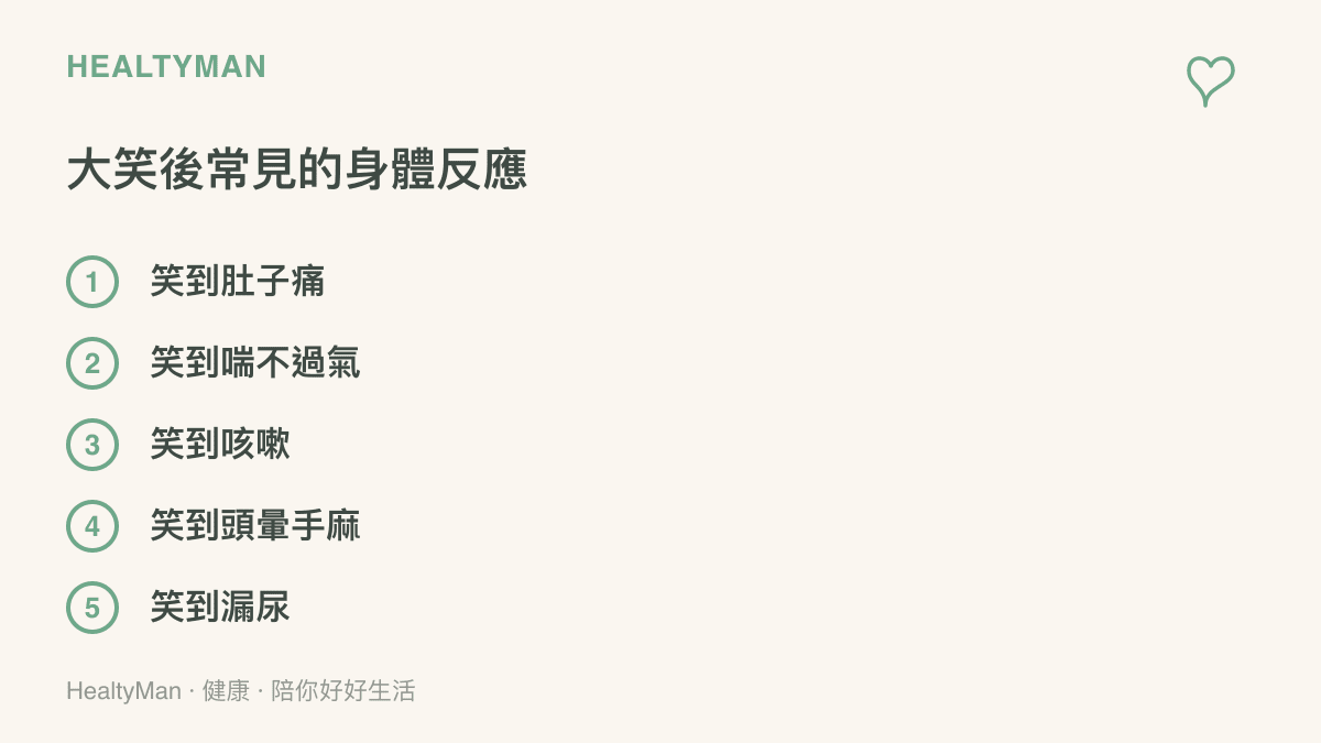 清單圖列出大笑後常見的五種身體反應，包含肚子痛、喘不過氣、咳嗽、頭暈手麻與漏尿