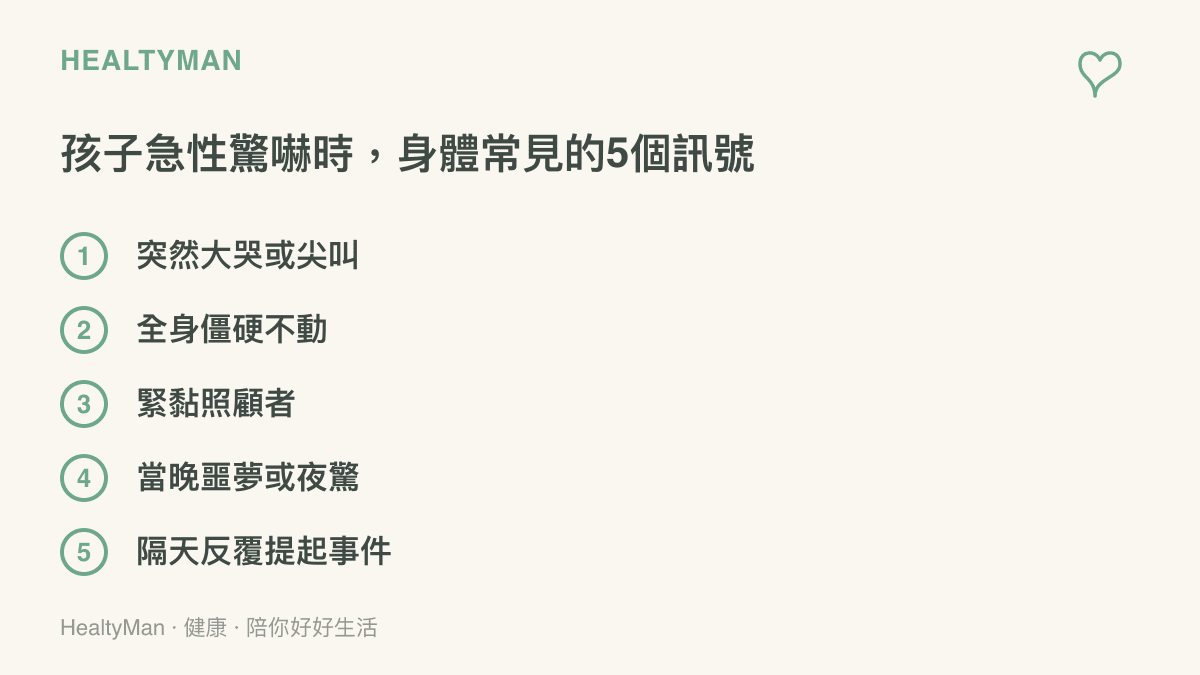 兒童面對突發驚嚇時常見的五個身心反應訊號圖卡
