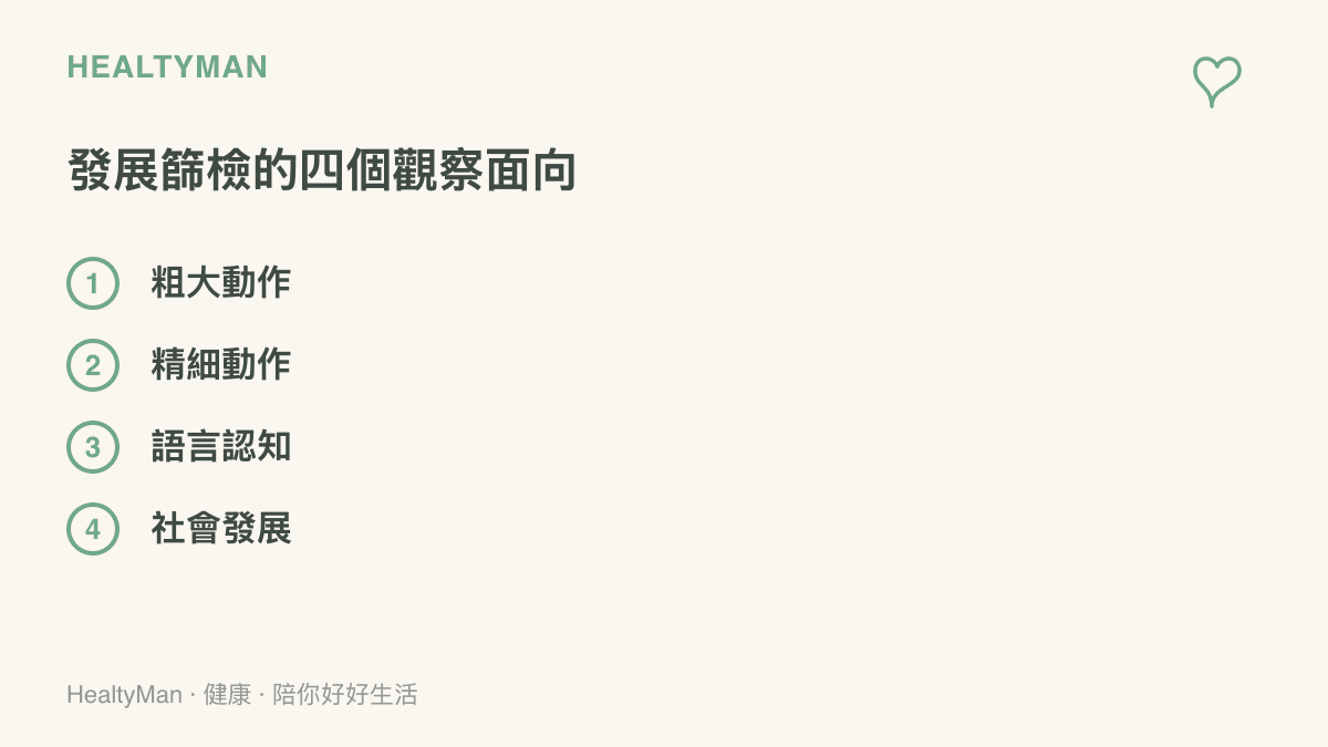 兒童發展篩檢涵蓋粗大動作、精細動作、語言認知與社會發展四個觀察面向的項目清單