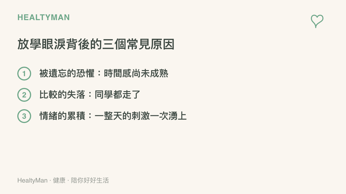 一張圖卡整理幼兒在放學時刻崩潰大哭的三個常見心理原因：被遺忘的恐懼、比較的失落、情緒的累積