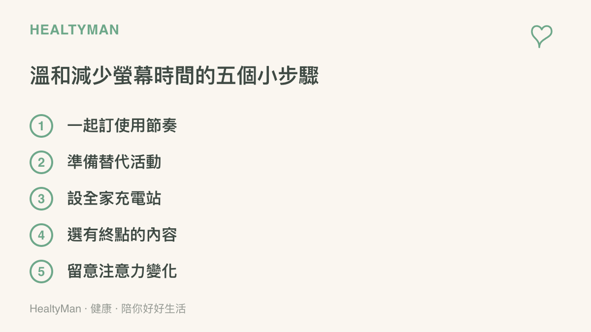 家長溫和減少孩子螢幕時間的五個實用步驟清單，包含訂規則、準備替代活動、設充電站、選有終點內容、留意專注力