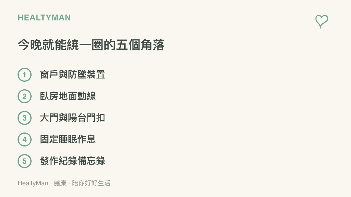 列出今晚就能完成的居家五項檢查，涵蓋窗戶防墜裝置、臥房動線、門扣、固定作息與夢遊發作紀錄