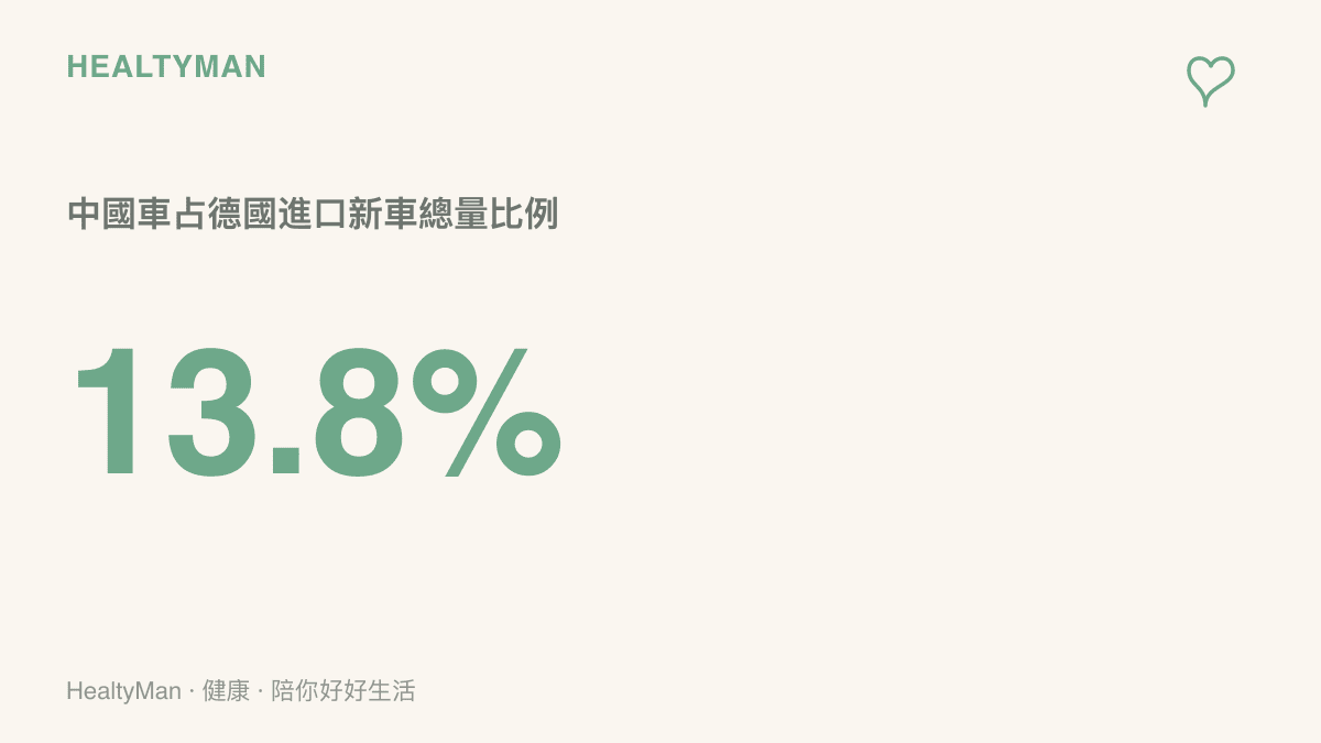 中國車佔德國進口新車總量比例為 13.8%，與第二名捷克約 17.3 萬輛僅差約兩千輛，顯示驚人增幅背後的實際佔比
