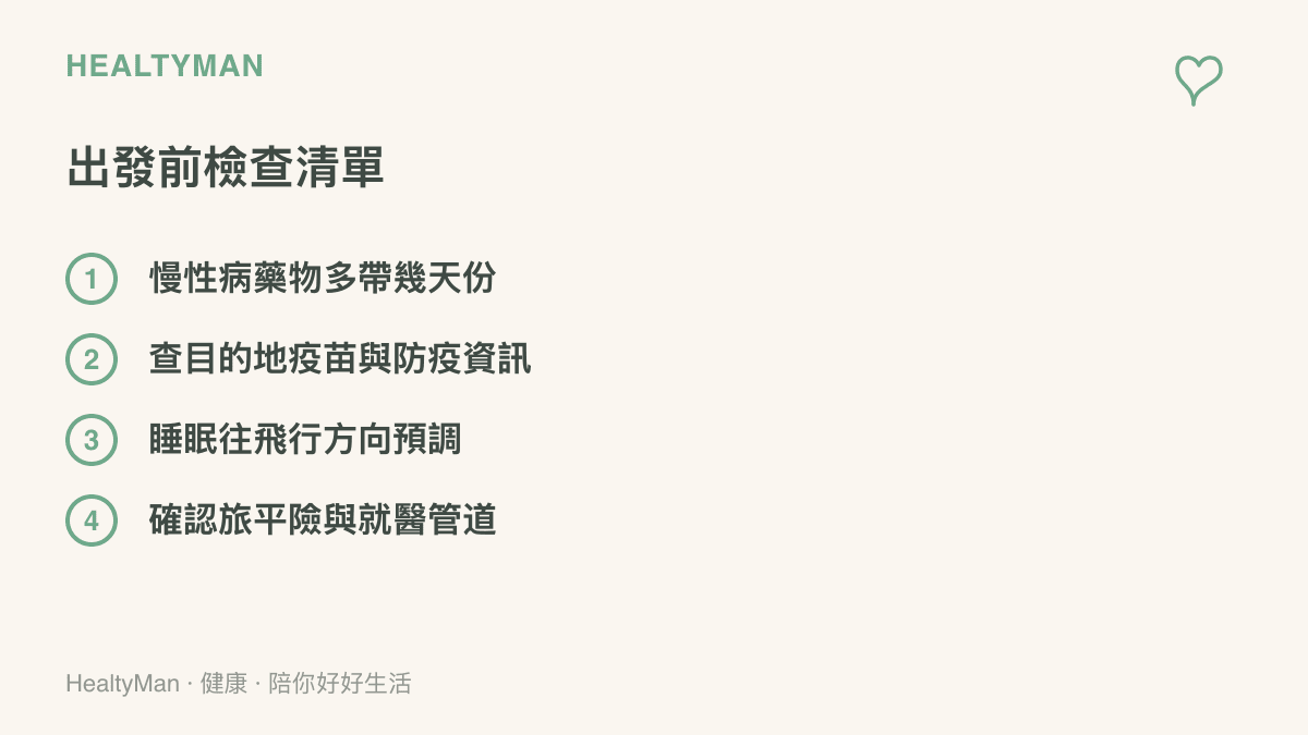 清單圖列走出國前的四項準備，包含藥物帶足、查詢目的地防疫資訊、預先調整睡眠與確認保險和就醫管道