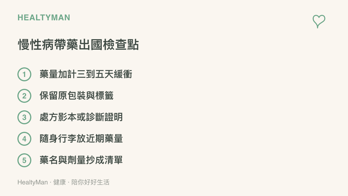 慢性病患帶藥出國的五個檢查點：藥量加計緩衝天數、保留原包裝與標籤、備妥處方影本或診斷證明、隨身行李放置近期藥量、藥名與劑量抄寫成清單